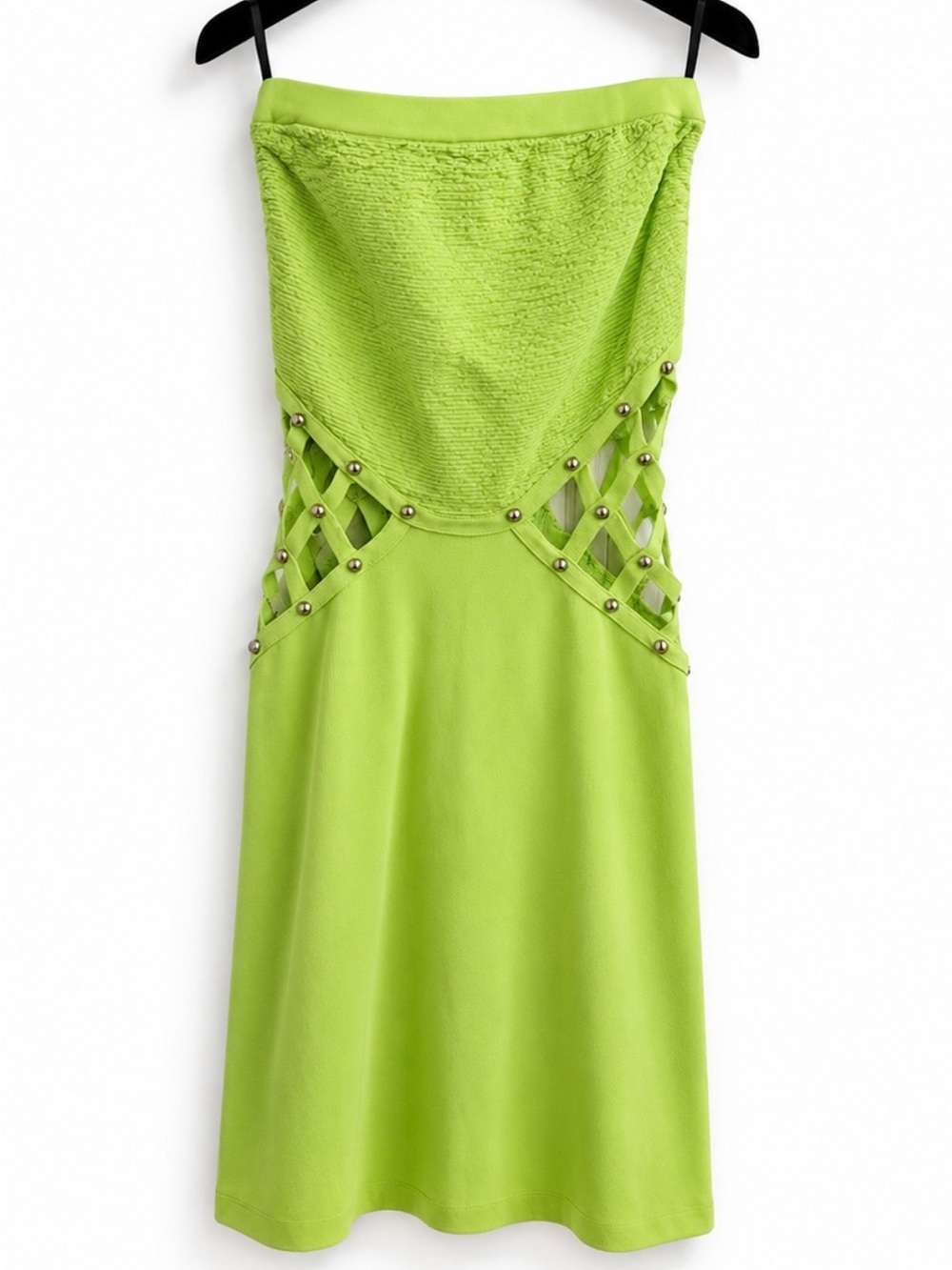 bebe Neon Lime Strapless Dress with Lattice Stud Sides